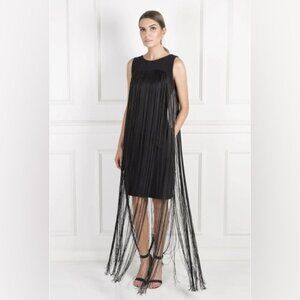 ALEXIS Designer Fringe Tassel Little Black Mini boho Dress Sleeveless  Small